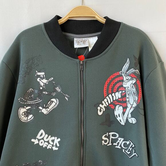 Warner Bros Y2K Looney Tunes Bomber Jacket Men XL Gray Cartoon Graphic Print NWT - Picture 4 of 9